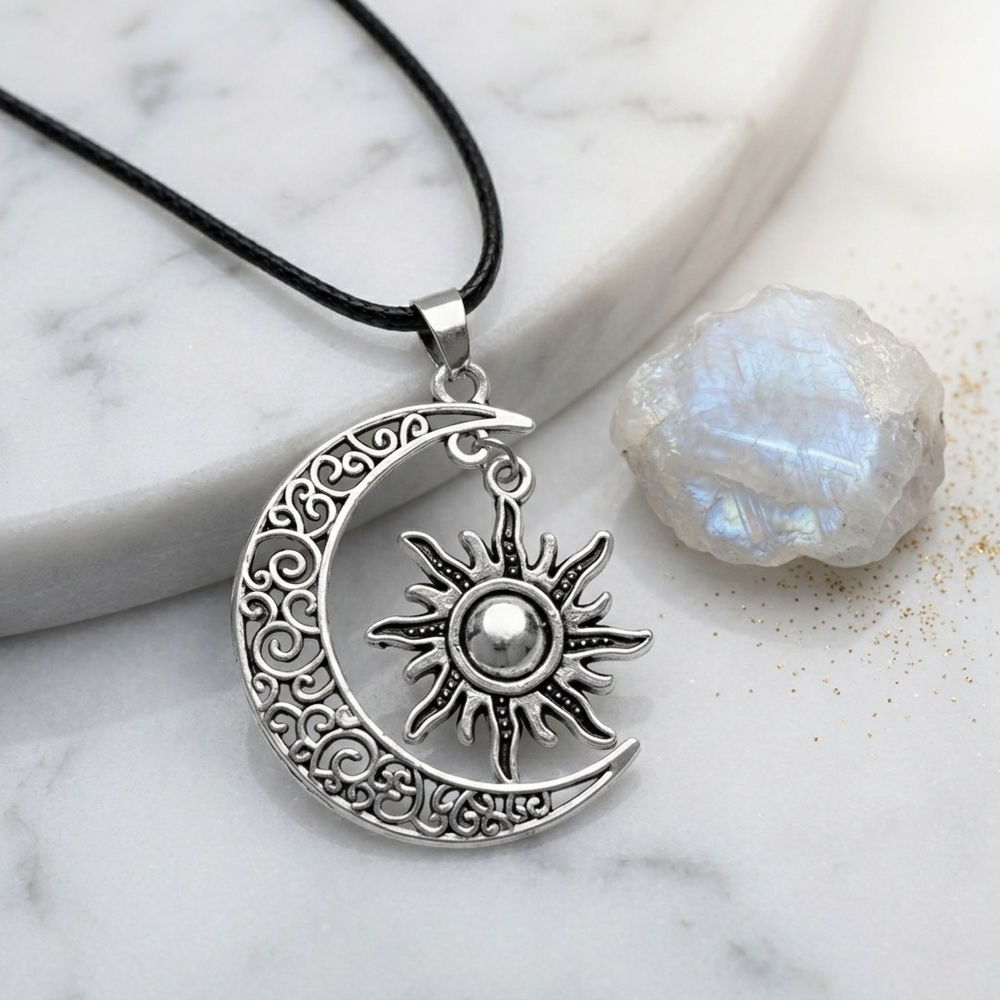 Boho Celestial Sun Moon Mixed Metal Silver Plated Adjustable Cord Necklace